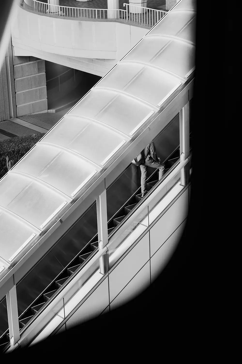 Black-and-white aerial photo of a lone figure climbing stairs toward light, captured by Ampersand team member Natalie Lo