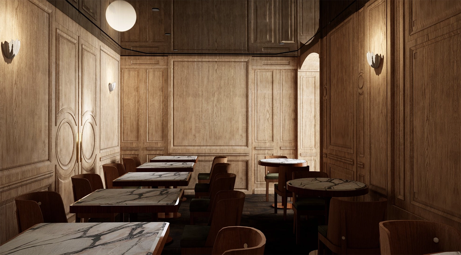 OAR restaurant interior rendering in Kenting, wood-paneled dining room with marble tables