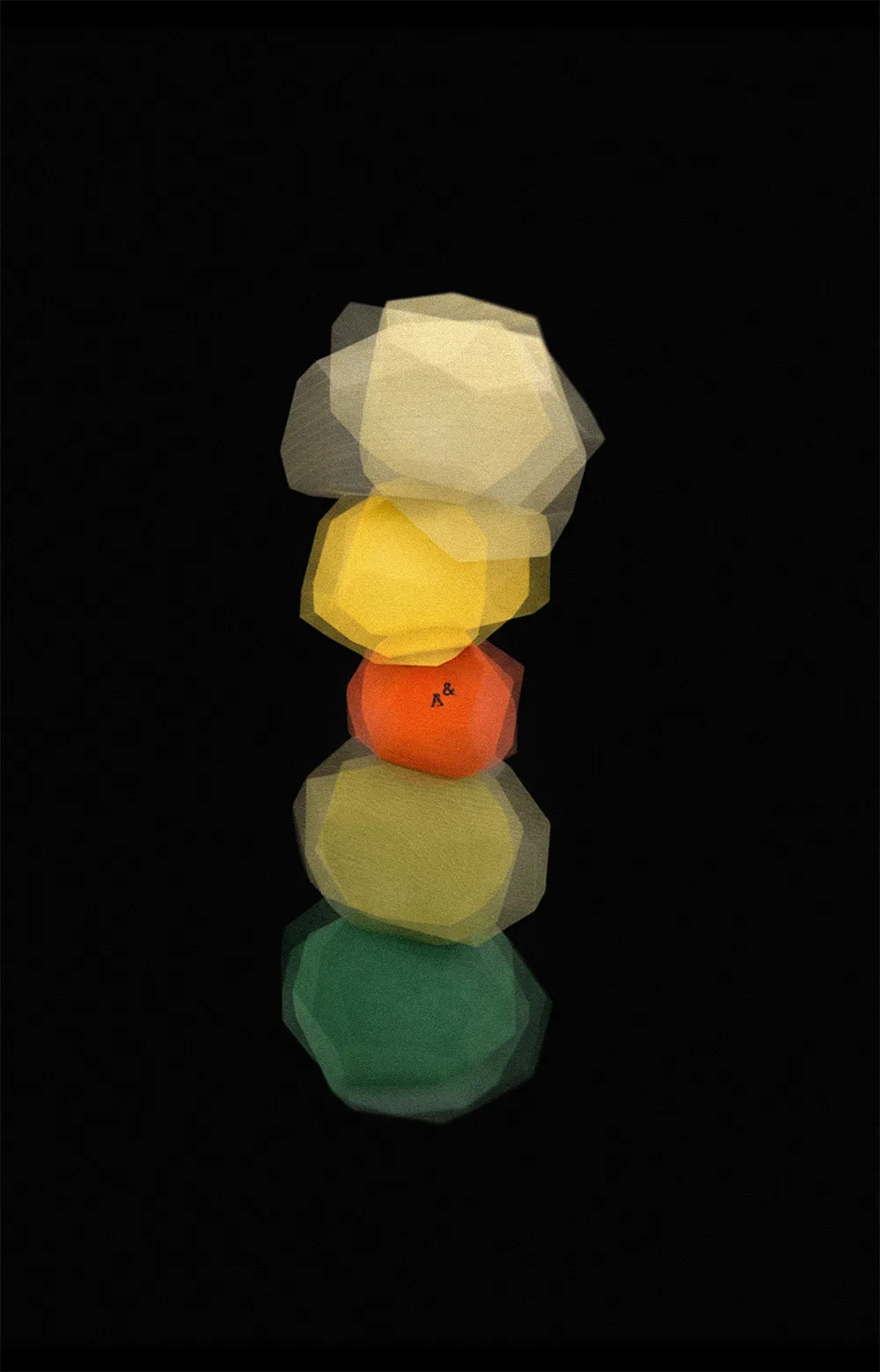Stacked translucent tumi-isi wooden blocks in yellow, orange, and green, reflected on dark surface