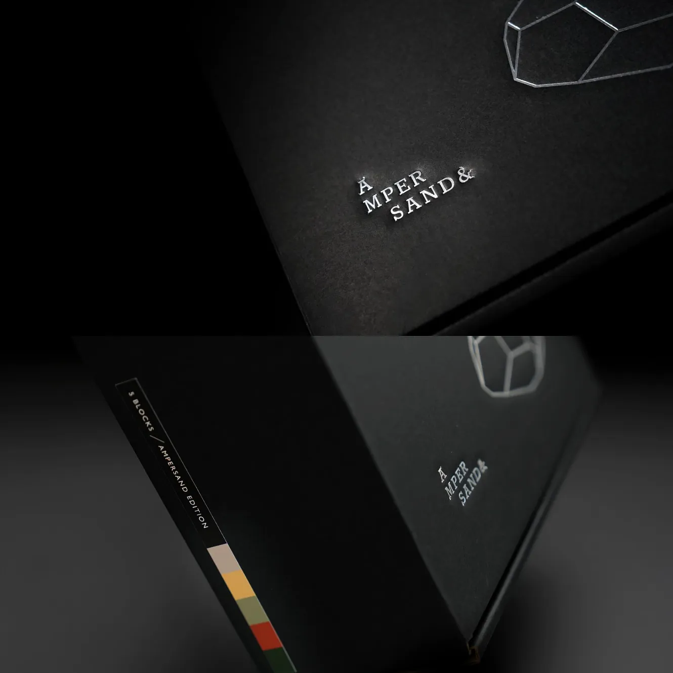 Two-photo grid: "Ampersand" embossed on dark surface, and packaging edge printed "5 Blocks / Ampersand Edition"