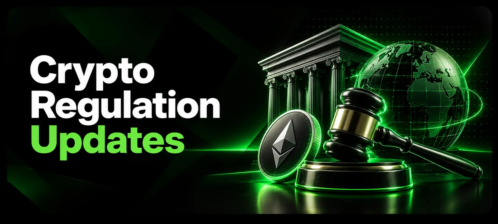 Gavel, government building and cryptocurrency representing global regulation