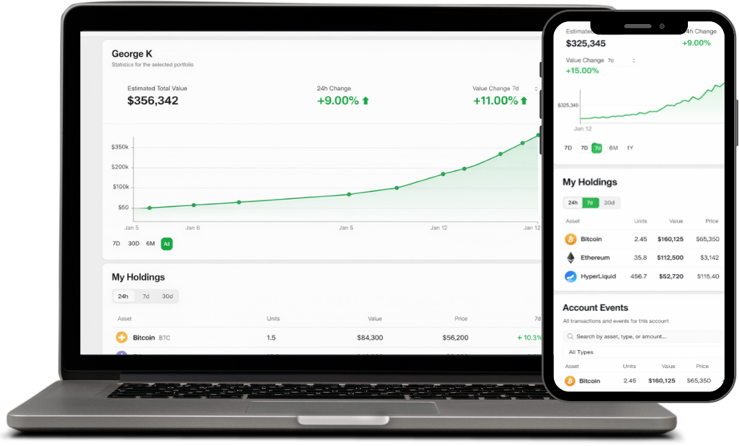 UpTrade portfolio dashboard on laptop and mobile — estimated total value, holdings and account events