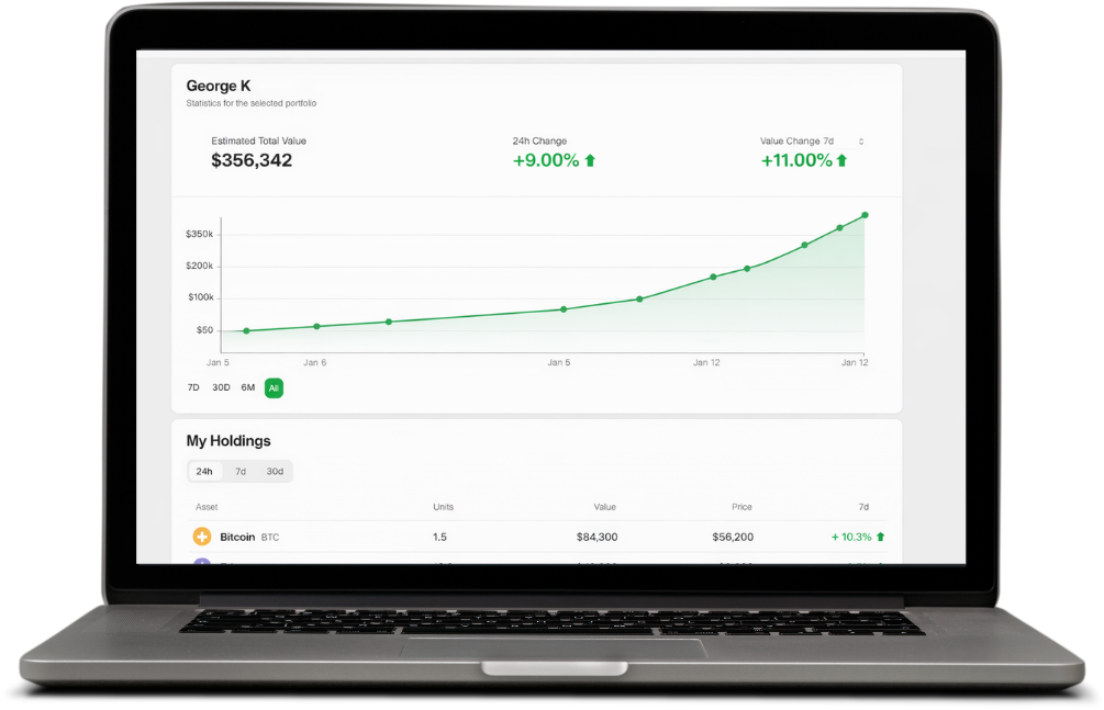 UpTrade portfolio dashboard on laptop — estimated total value, performance chart and holdings