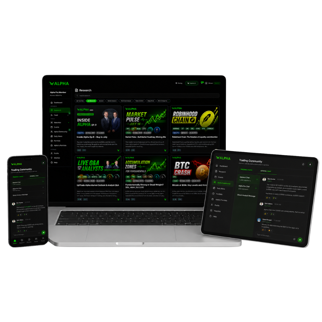 UpTrade Alpha research, community and portfolio on laptop, tablet and phone