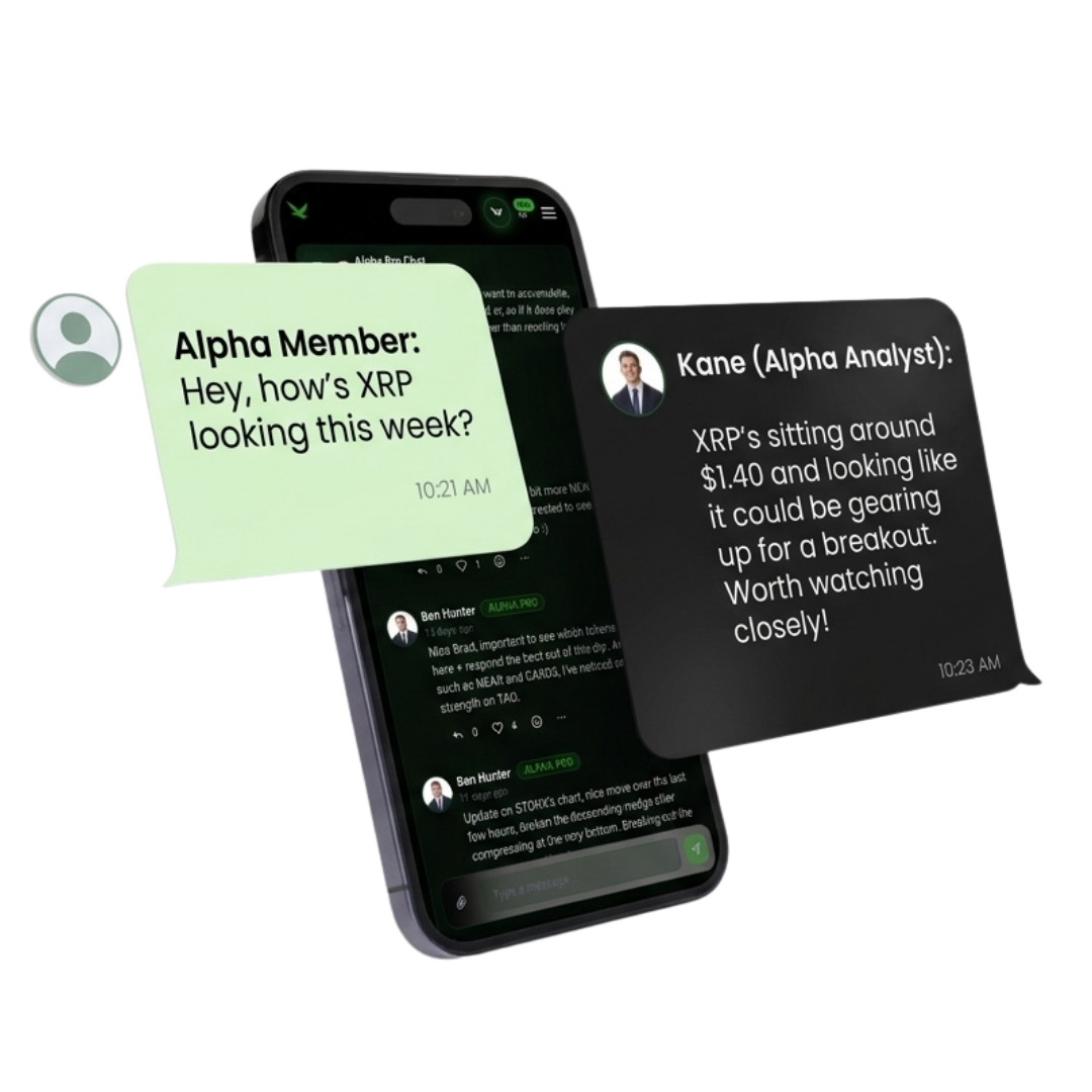 Alpha Pro community chat with members and analysts on a phone