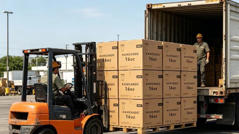 Disposable PET, PP and paper cold & hot drink cups bulk shipment loading, KAIKEANDG brand supplier with direct factory supply for global wholesale bulk buyers