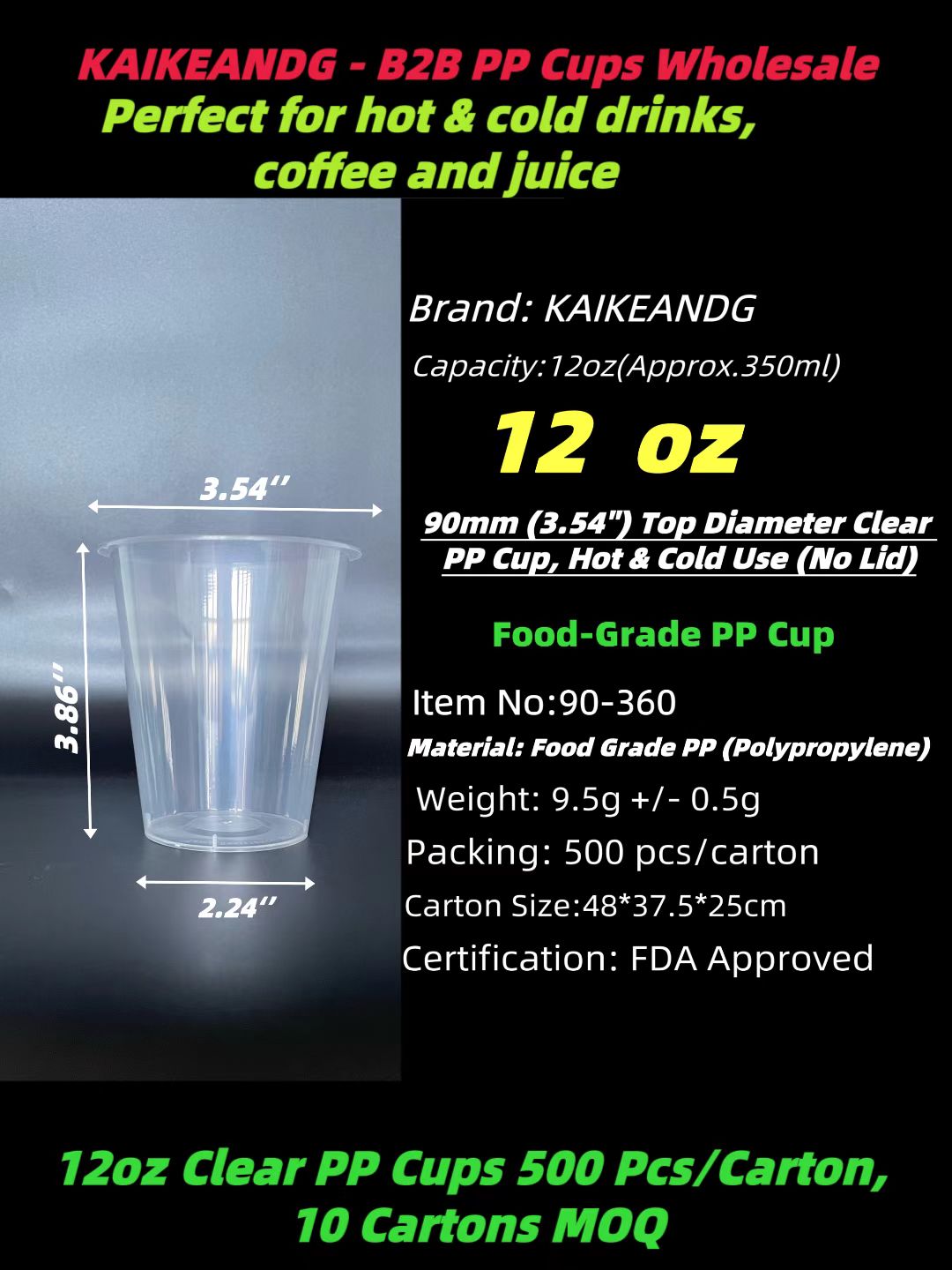 12oz clear PP disposable cup, 90mm top diameter, food grade for hot cold drinks