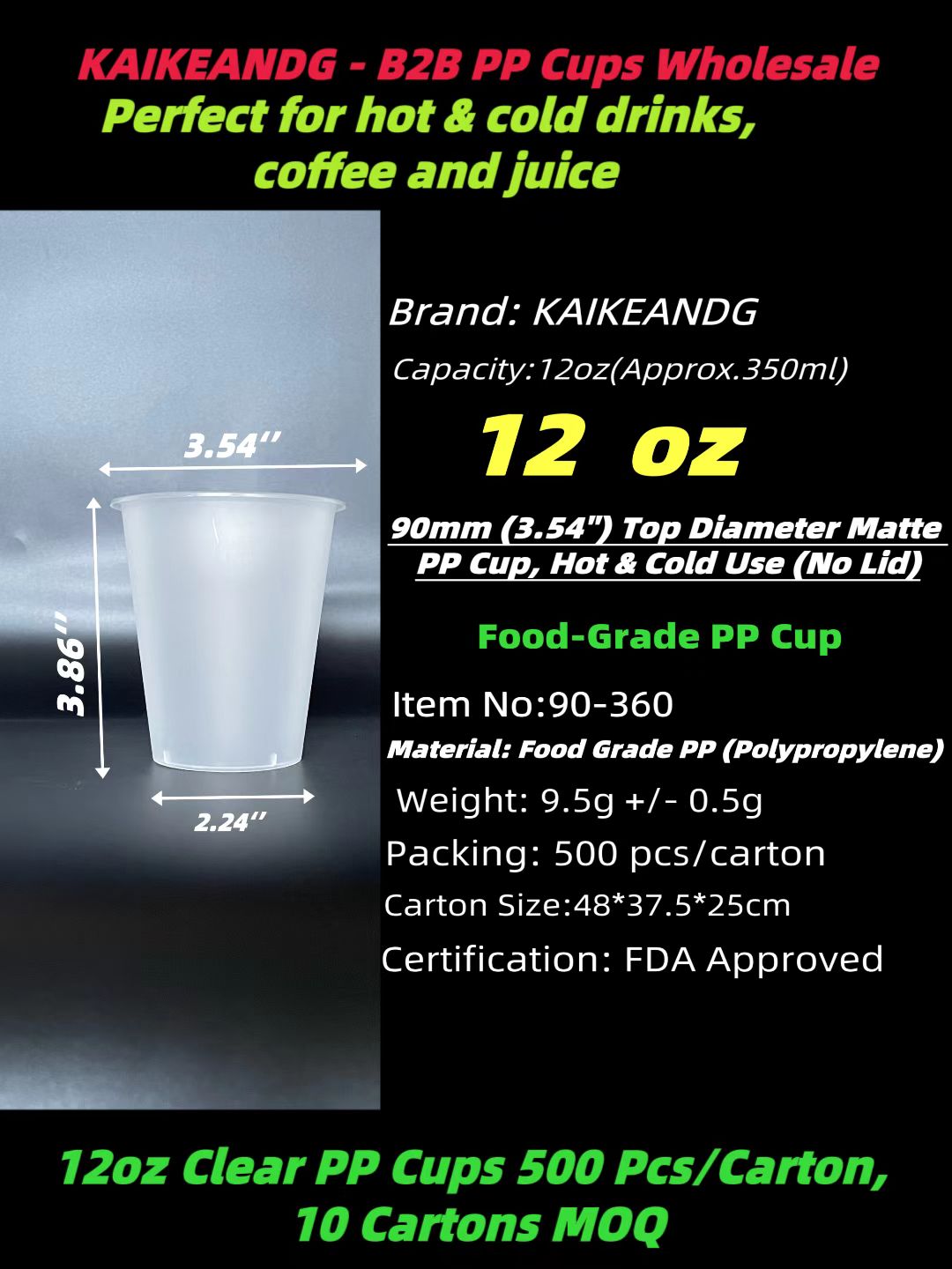 12oz matte PP disposable cup, 90mm top diameter, food grade for hot cold drinks