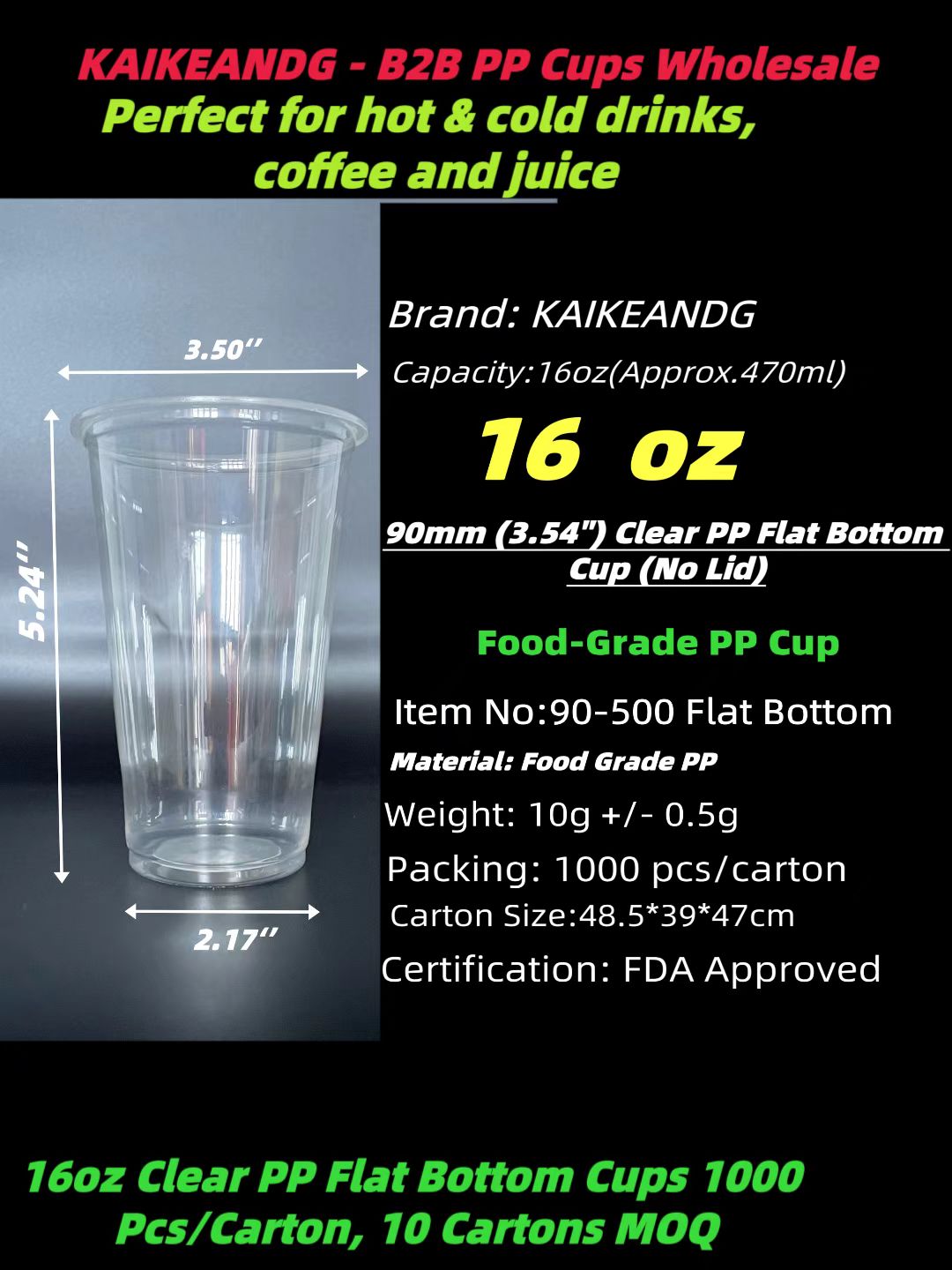 16oz clear PP flat bottom disposable cup, 90mm (3.54 inch), food grade PP for hot and cold drinks