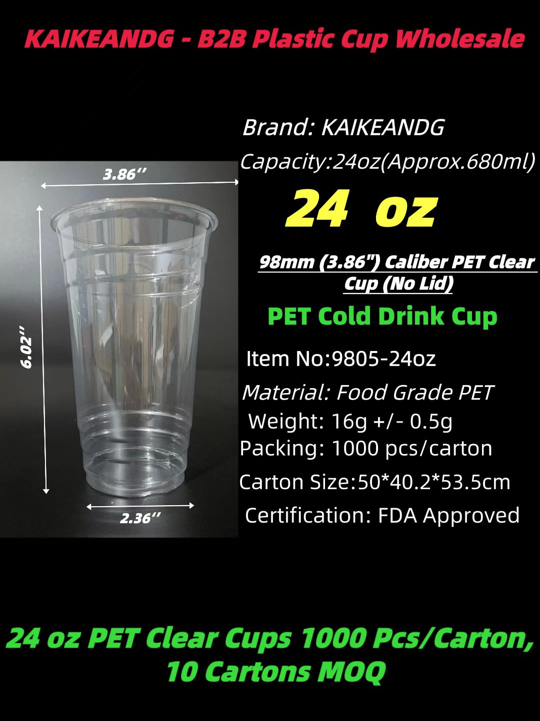  24oz clear PET cold cup, 98mm (3.86″), approx 680ml, disposable plastic cup for bubble tea cold drinks