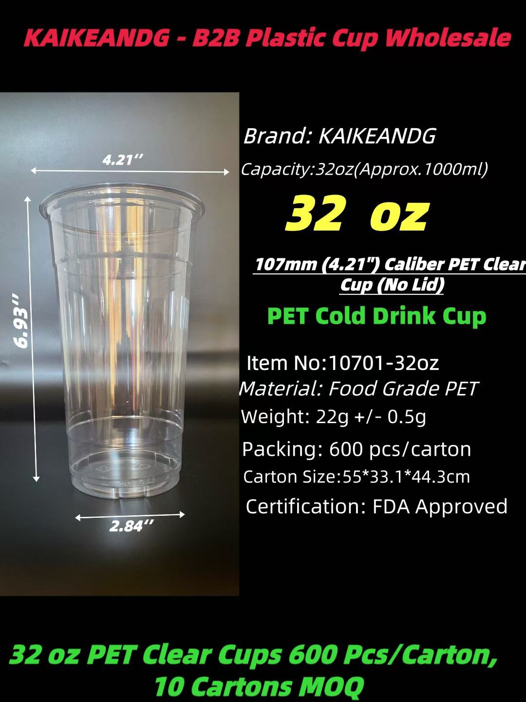 32oz clear PET cold cup, 4.21 inch caliber, 1000ml disposable bubble tea cup, food grade FDA approved