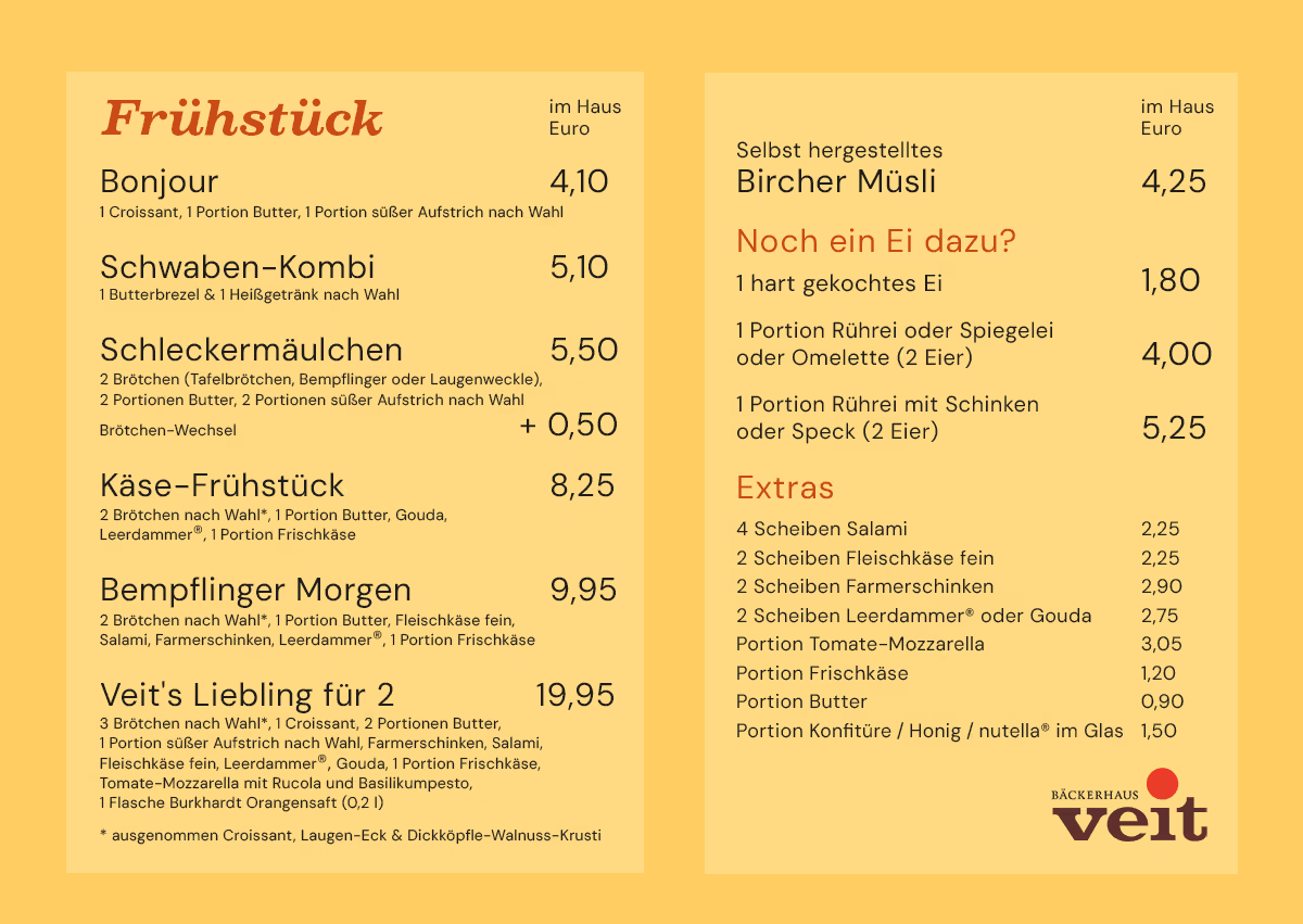 Große Frühstückskarte des Bäckerhaus Veit.