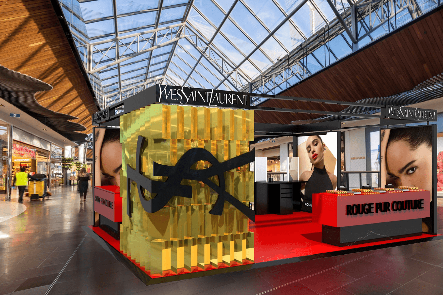Custom fabricated activation structure alongside premium hire furniture pieces