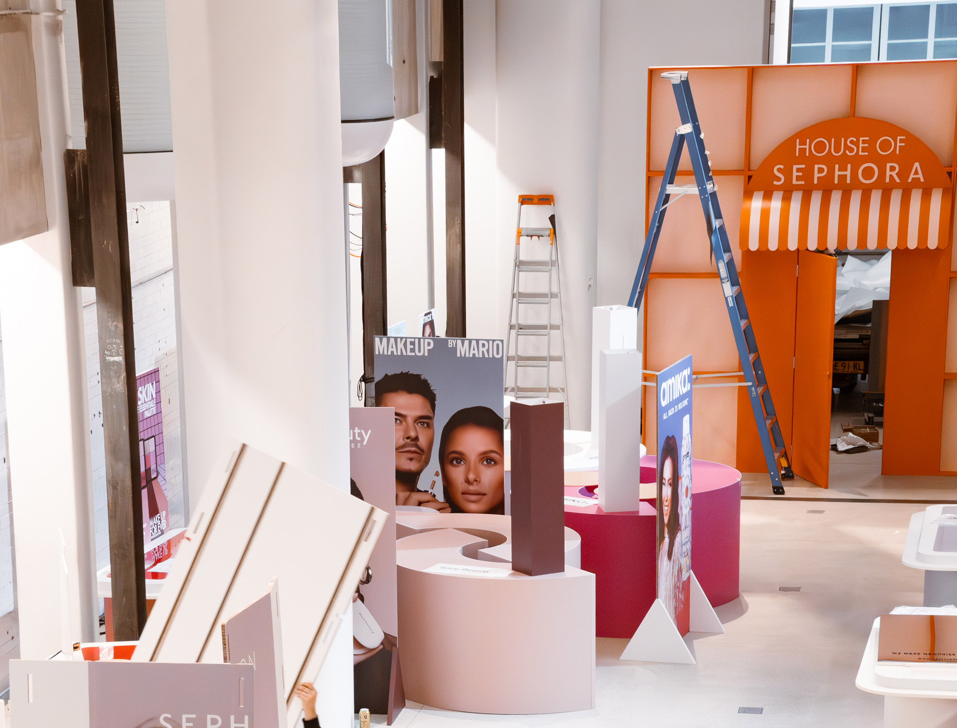 Bright orange San Francisco terrace facade built for a Sephora beauty trade show