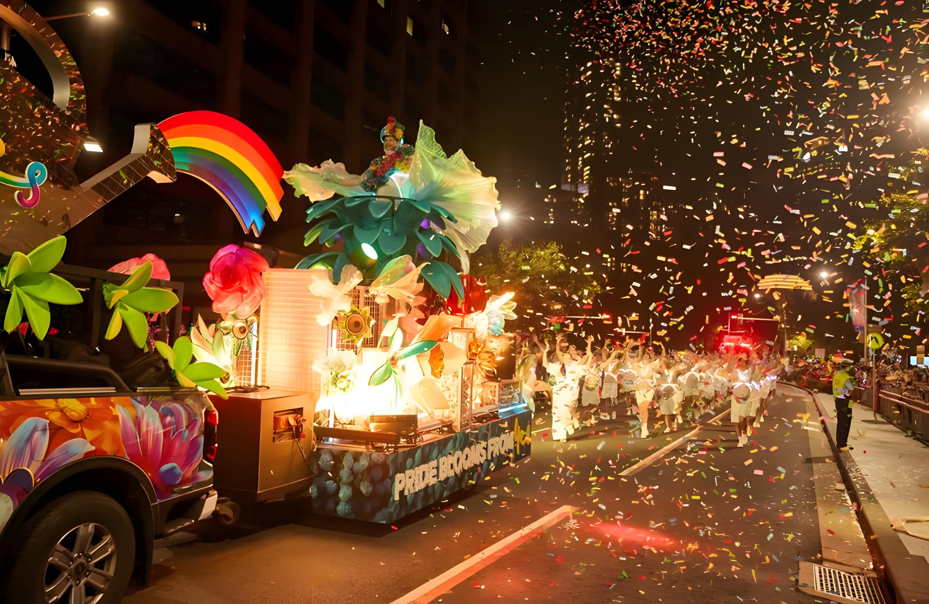 Optus 'Pride Blooms From Yes' Sydney Mardi Gras Float parading down Oxford Street in Sydney
