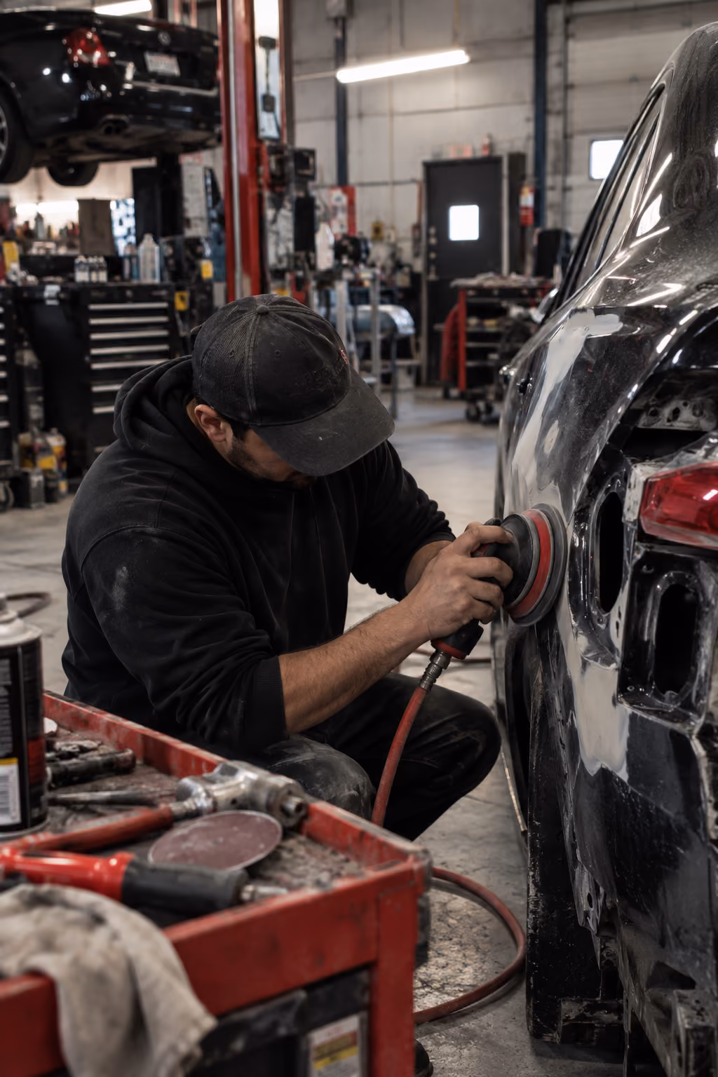 Man in a black hoodie and cap using a power sander to polish the side of a black car inside an auto repair shop with tools and equipment around.