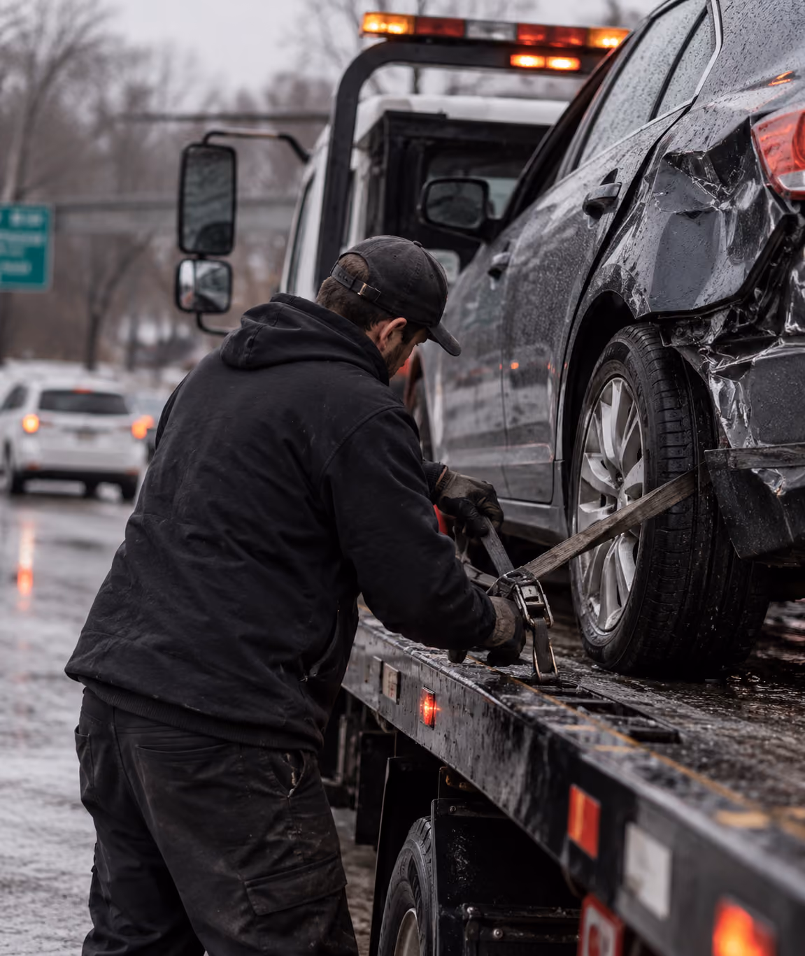 Tow truck operator securing the rear wheel of a damaged black car to the flatbed of a tow truck on a wet road.