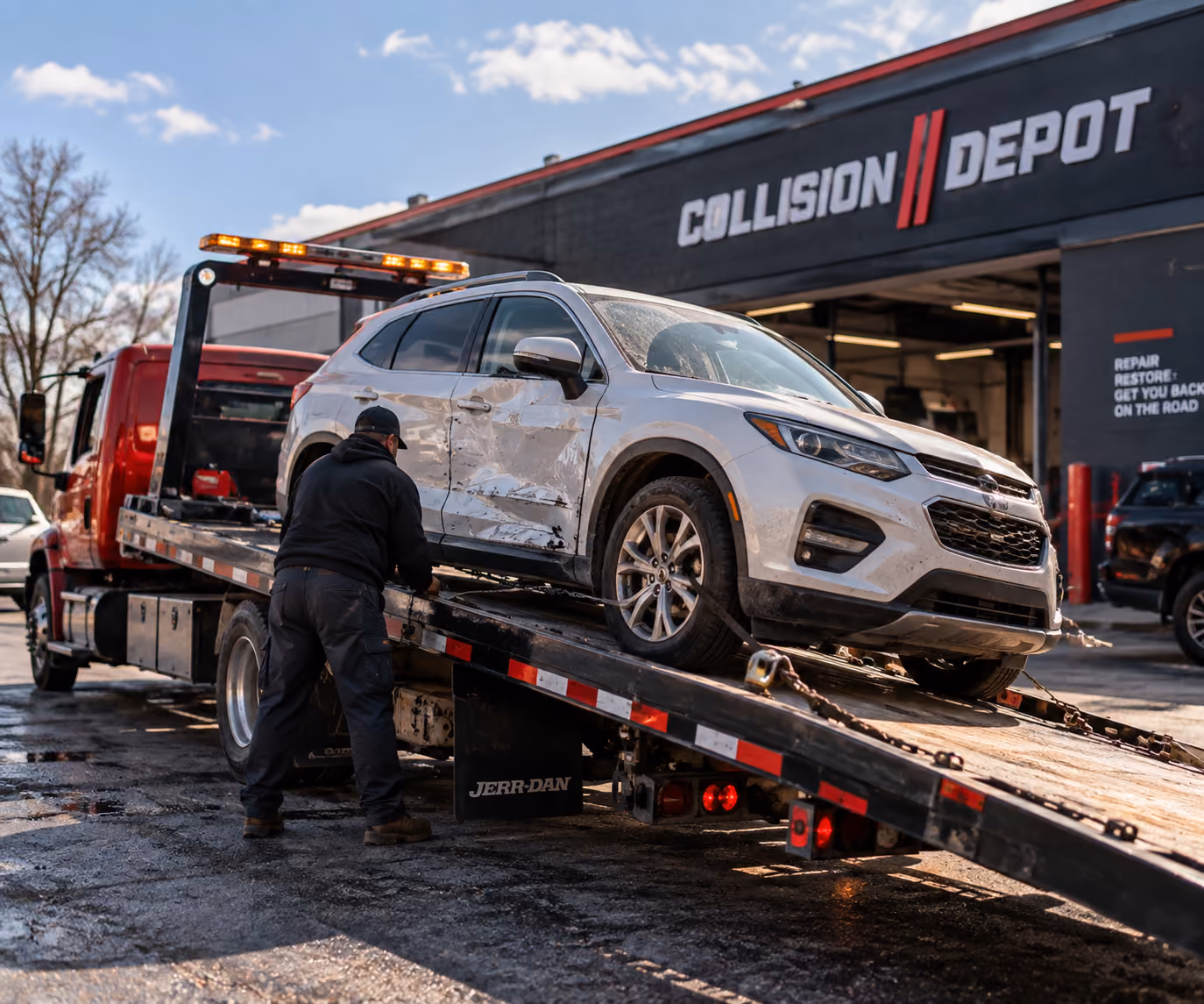 Man securing a damaged white SUV with a large dent on its driver's side door onto a flatbed tow truck outside a Collision Depot auto repair shop under a partly cloudy sky.
