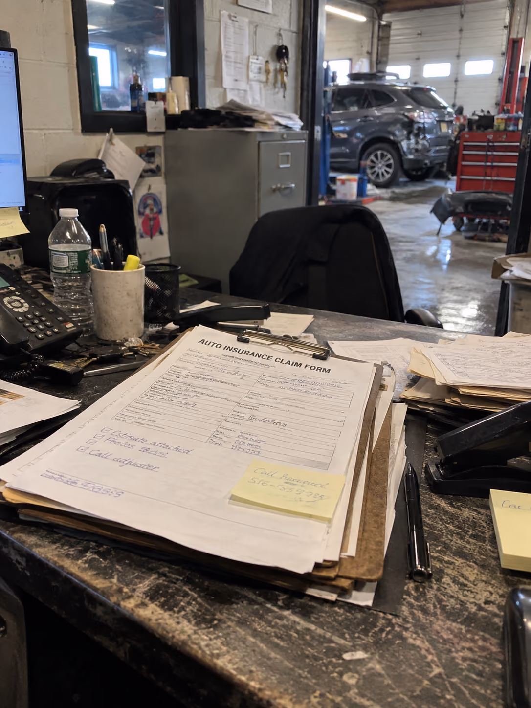 Desk in an auto repair shop with a stack of papers including an auto insurance claim form on a clipboard, a water bottle, pens, telephone, and sticky notes, with a damaged SUV and tools visible in the background.