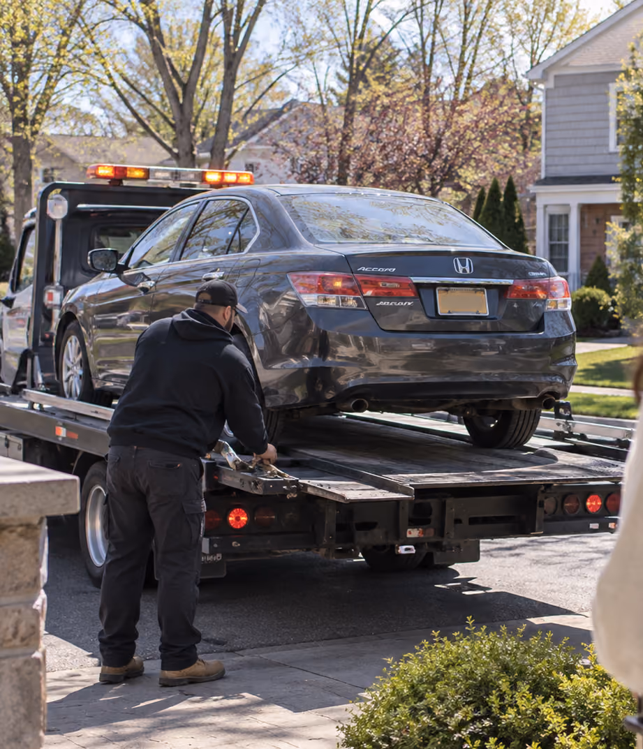 A tow truck operator secures a dark-colored Honda Accord with visible rear damage on a flatbed tow truck in a residential neighborhood during daytime.