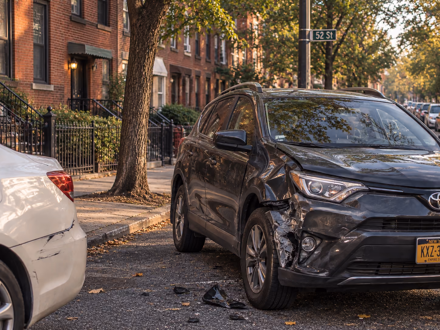 Black Toyota SUV with front right side damage parked on a tree-lined city street near a white car with rear bumper scratches, under a street sign for 52nd Street.