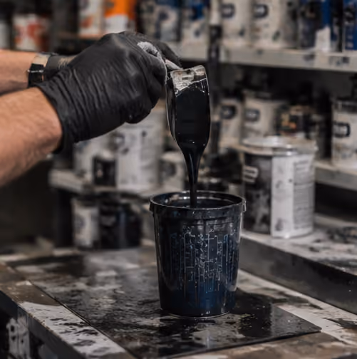 A person wearing black gloves holds a paintbrush dripping thick black paint into a black container on a workbench with shelves of paint cans in the background.