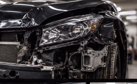 Front side of a black car with significant damage, showing a crumpled hood, exposed frame, and intact headlight in a garage setting.