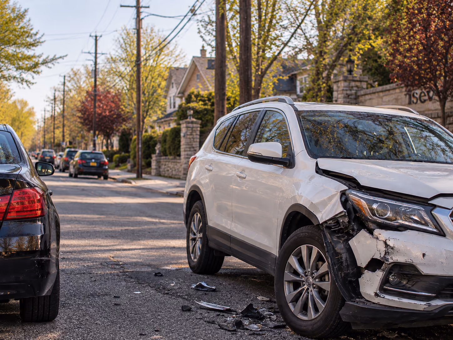 White SUV with severe front right side damage parked on a residential street with debris scattered on the road, other cars parked ahead, and houses with trees lining the street in the background.