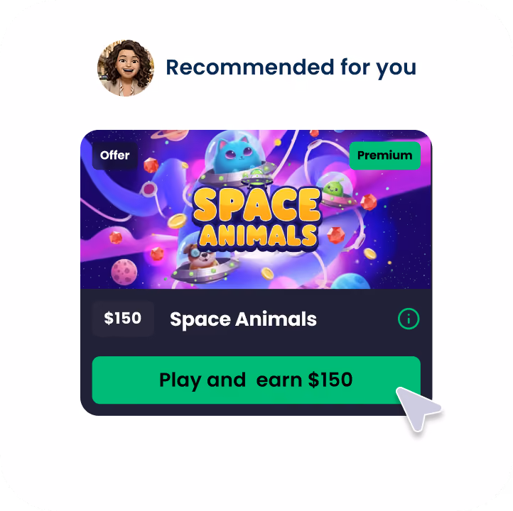 Image of a screenshot from the Freecash app saying "Recommended for you" with a mouse clicking on a button with the text Play and earn $150 for the game Space Animals