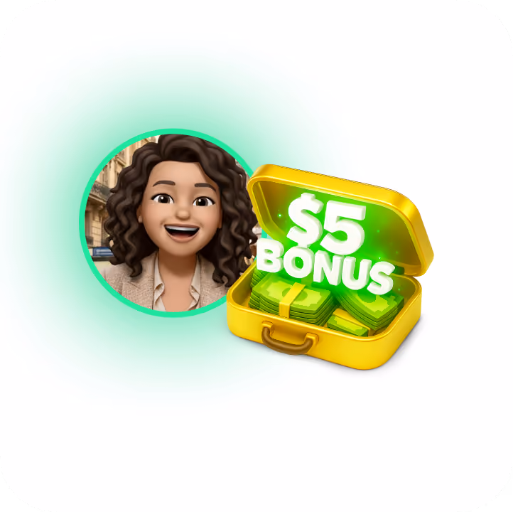 Image avatar of a girl and a chest with the text $5 Bonus