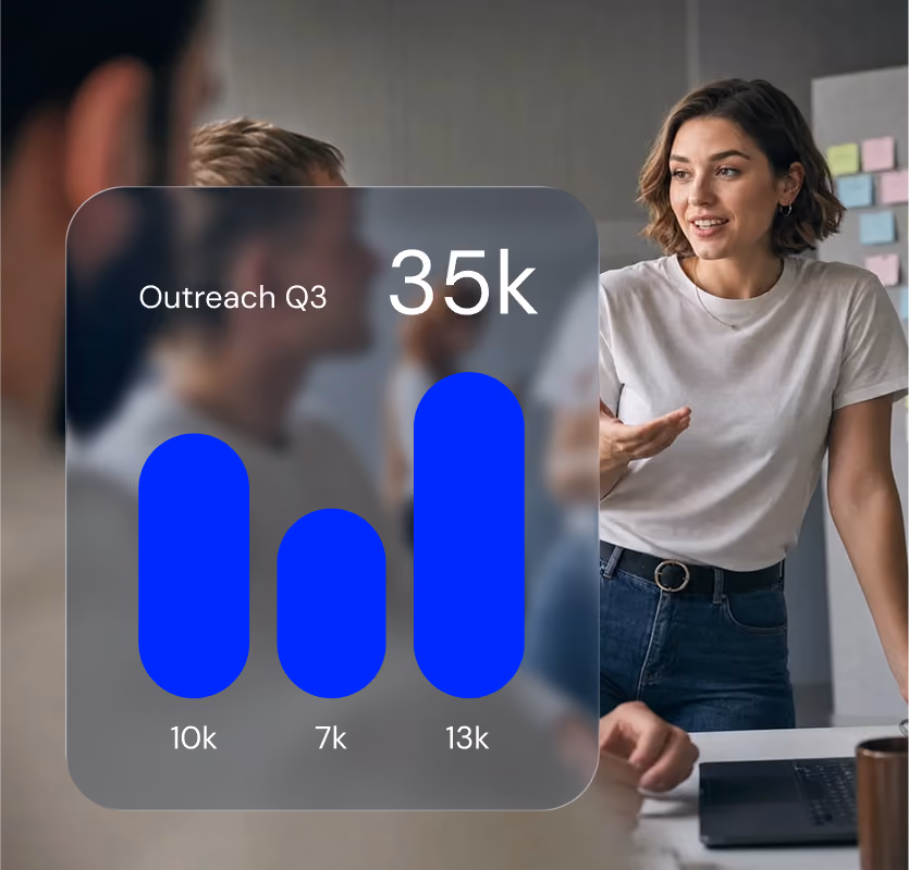 People talking with overlaying graph and text outreach q3 35k