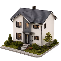 Modern two-story house model with gray roof, white walls, and surrounding greenery on a small plot.