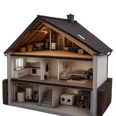 Cutaway model of a two-story house showing living room, kitchen, and laundry rooms with appliances.