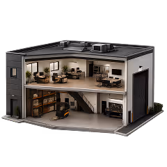 Cutaway view of a modern two-story building with office space above and warehouse below.