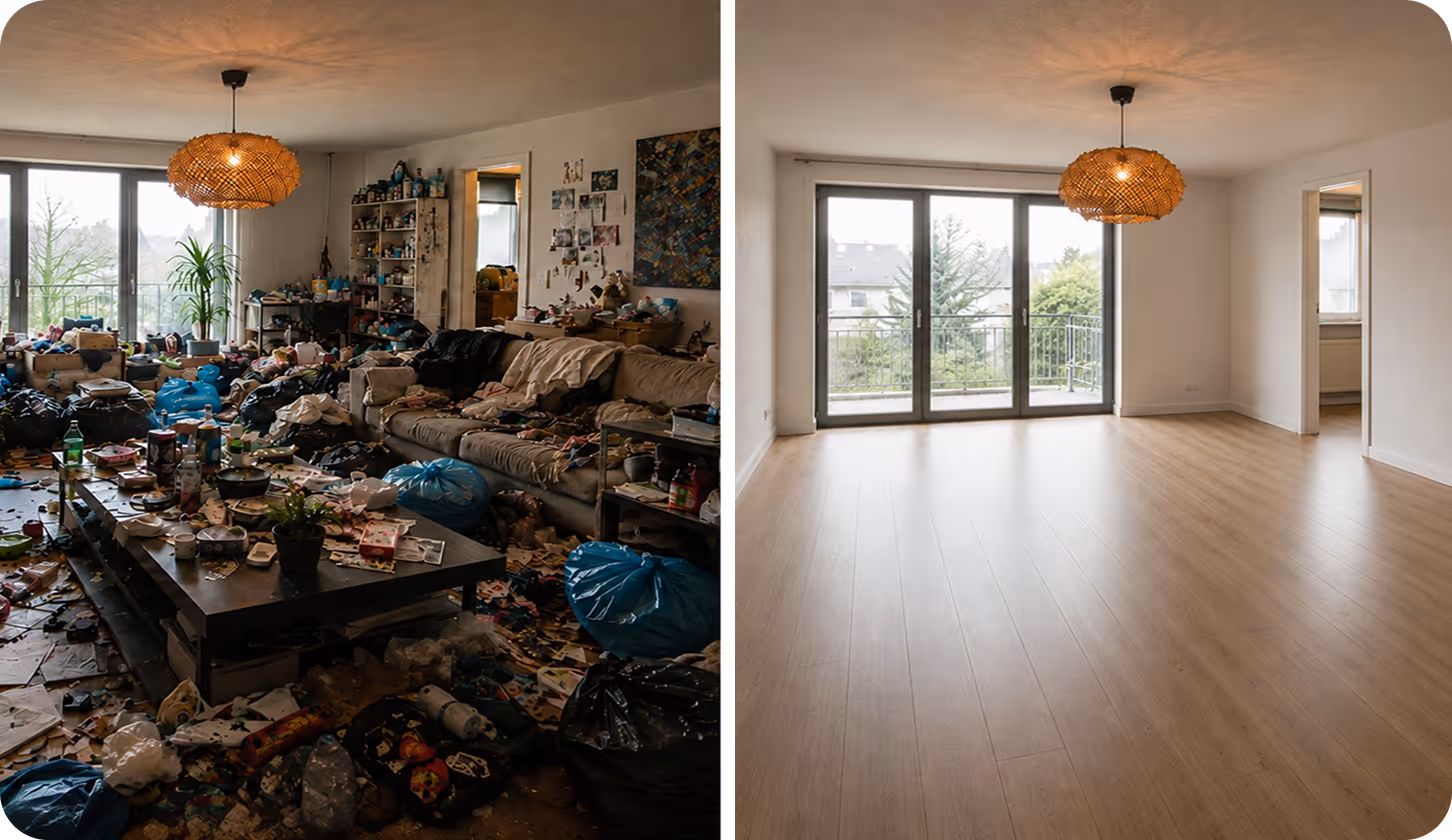 Side-by-side image of a cluttered, messy living room and the same clean, empty room with wooden floor.