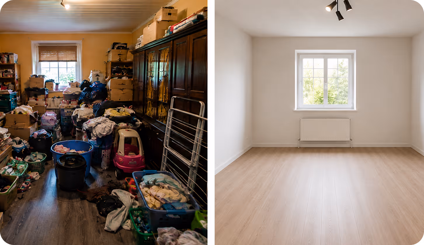 Side-by-side rooms: cluttered room filled with boxes and clothes, and empty room with window and wood floor.