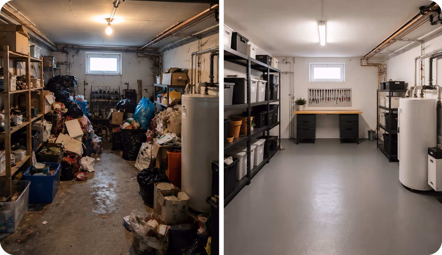 Side-by-side image of a cluttered basement and the same basement clean and organized with shelves and a workbench.