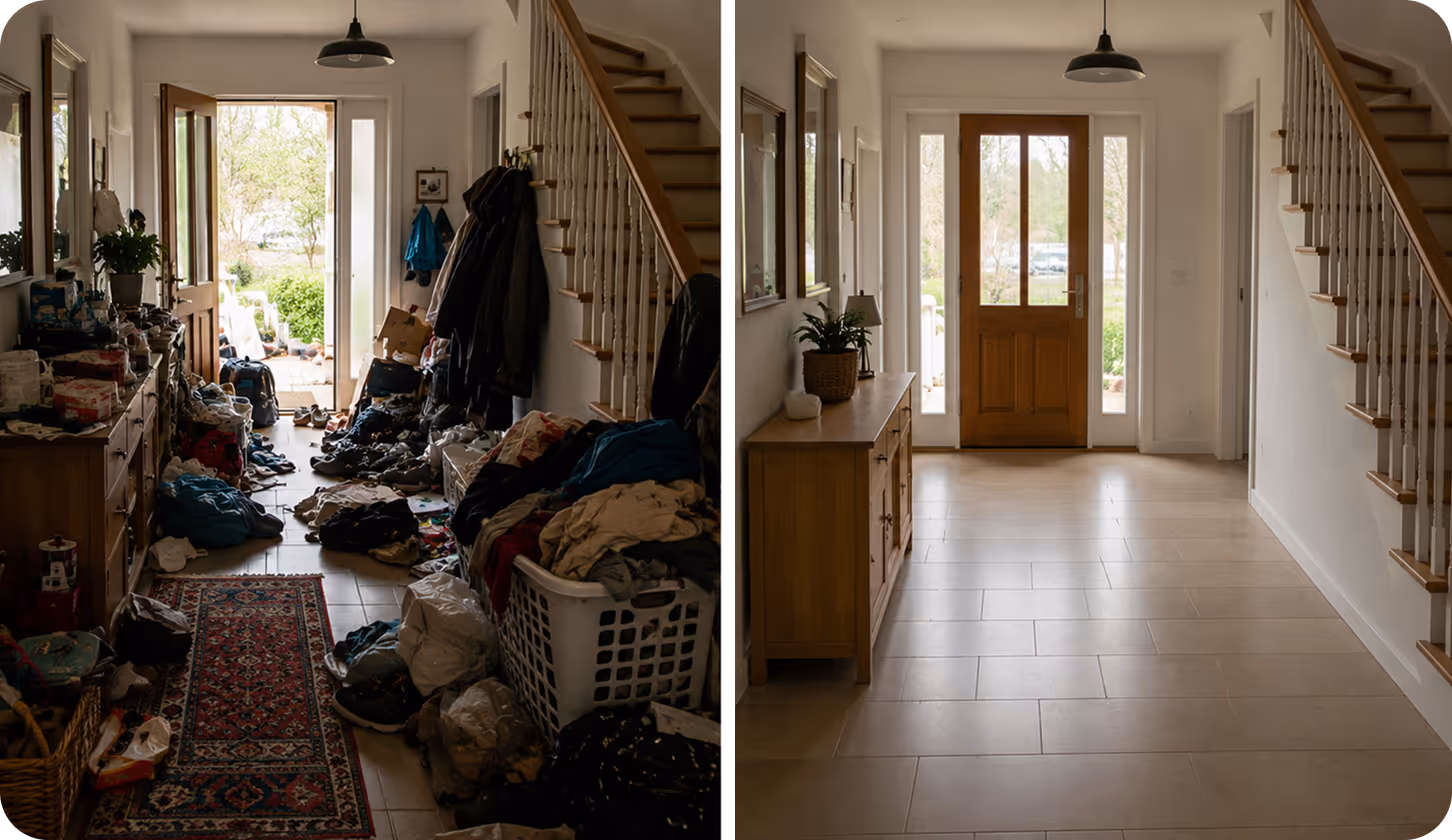 Side-by-side comparison of a cluttered entryway and a clean, organized entryway with wooden door and stairs.