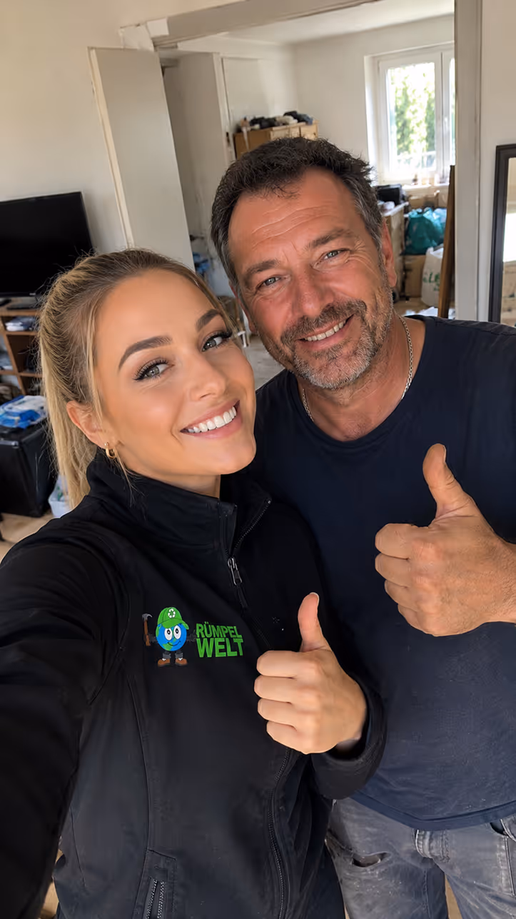 Smiling man and woman showing thumbs up in a cluttered room, woman wears black jacket with Rümpel Welt logo.
