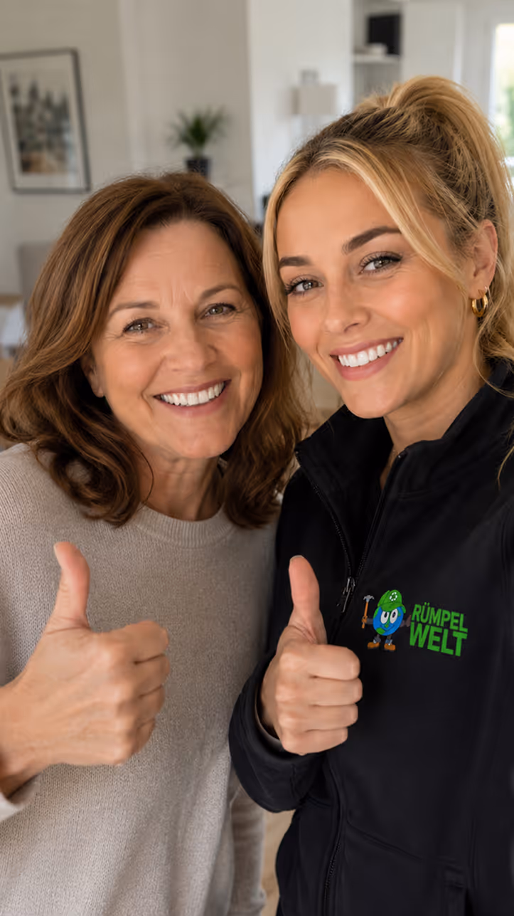 Two women smiling indoors, giving thumbs up; one wears a black jacket with RÜMPEL WELT logo.