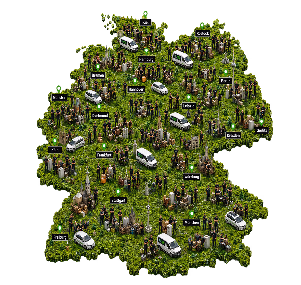 Map of Germany with people, landmarks, and vans marked at cities like Berlin, Munich, Hamburg, and Cologne.