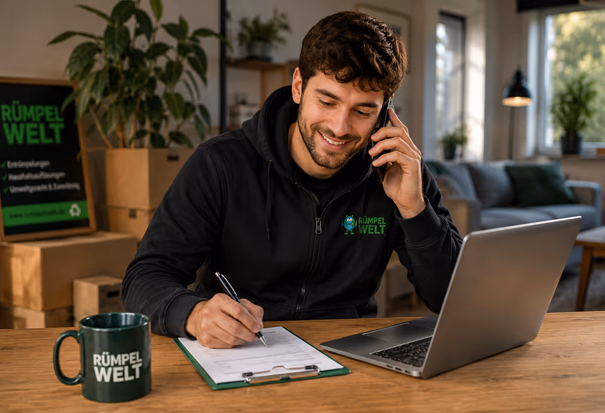 Smiling man in a RÜMPEL WELT hoodie on phone, writing on clipboard at a desk with laptop and mug.
