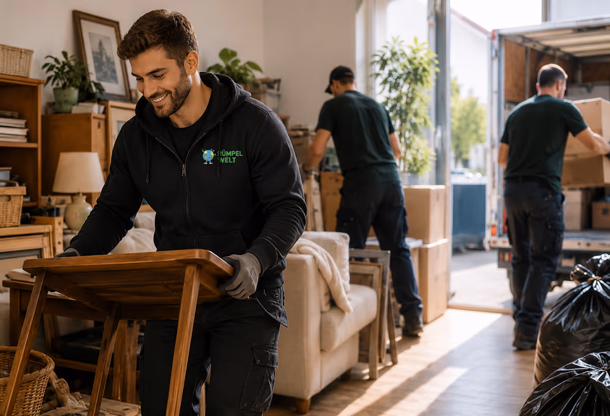 Three movers loading furniture and boxes into a truck, with one smiling while handling a wooden chair.