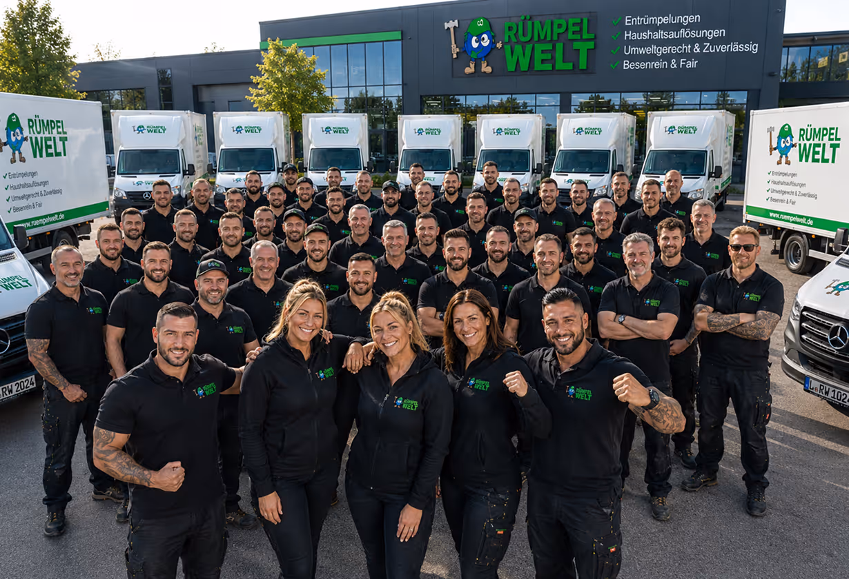 Rümpel Welt team in black uniforms posing in front of branded trucks and a company building.