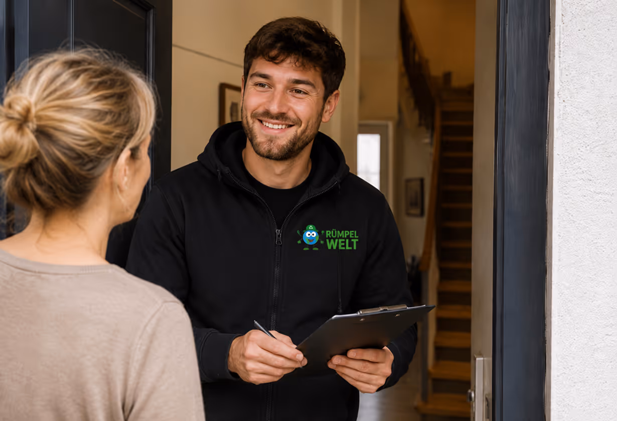 Smiling delivery man in black jacket holding clipboard talks to a woman at her doorstep.
