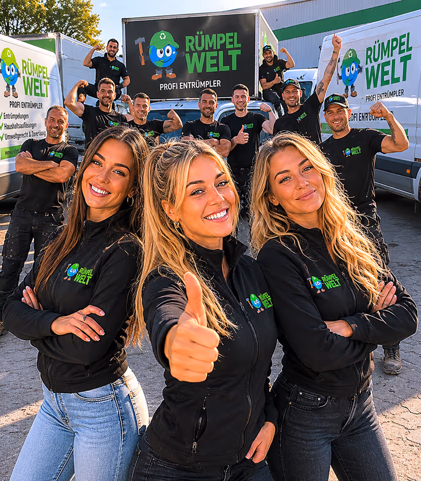 Team of smiling Rümpel Welt workers posing in front of company trucks outdoors, some flexing muscles and thumbs up.