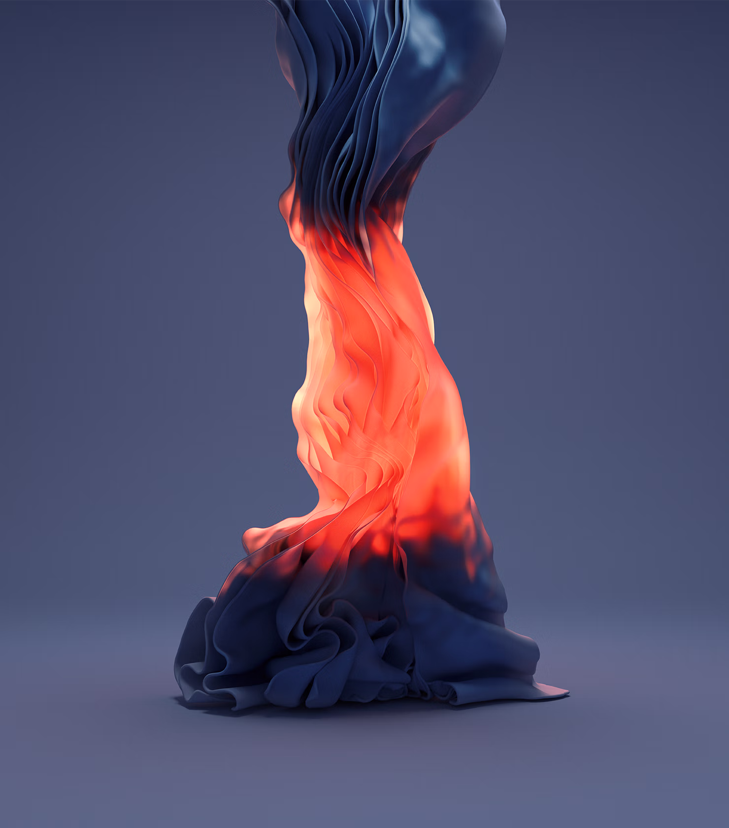 Abstract twisting fabric-like sculpture with glowing orange and dark blue colors on gray background.