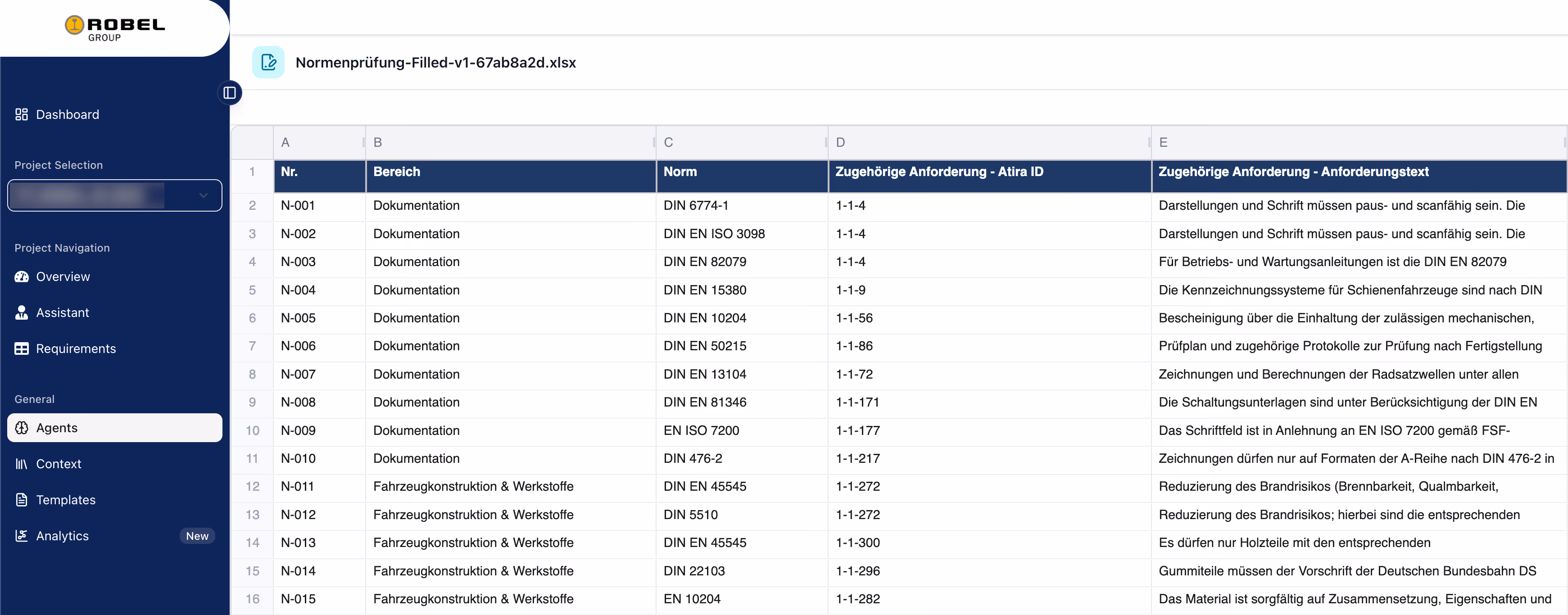 Atira norm compliance table for a ROBEL tender, mapping referenced standards to the tender requirements