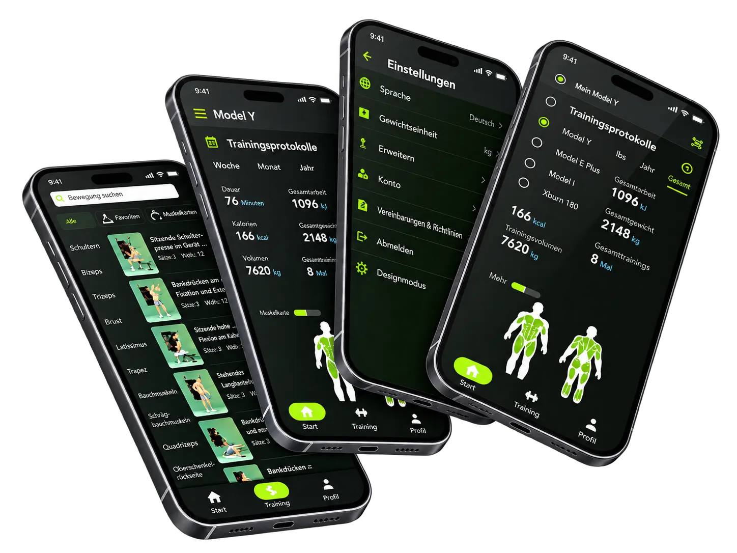 Model Y App mit Trainingsansichten und Übungsbibliothek