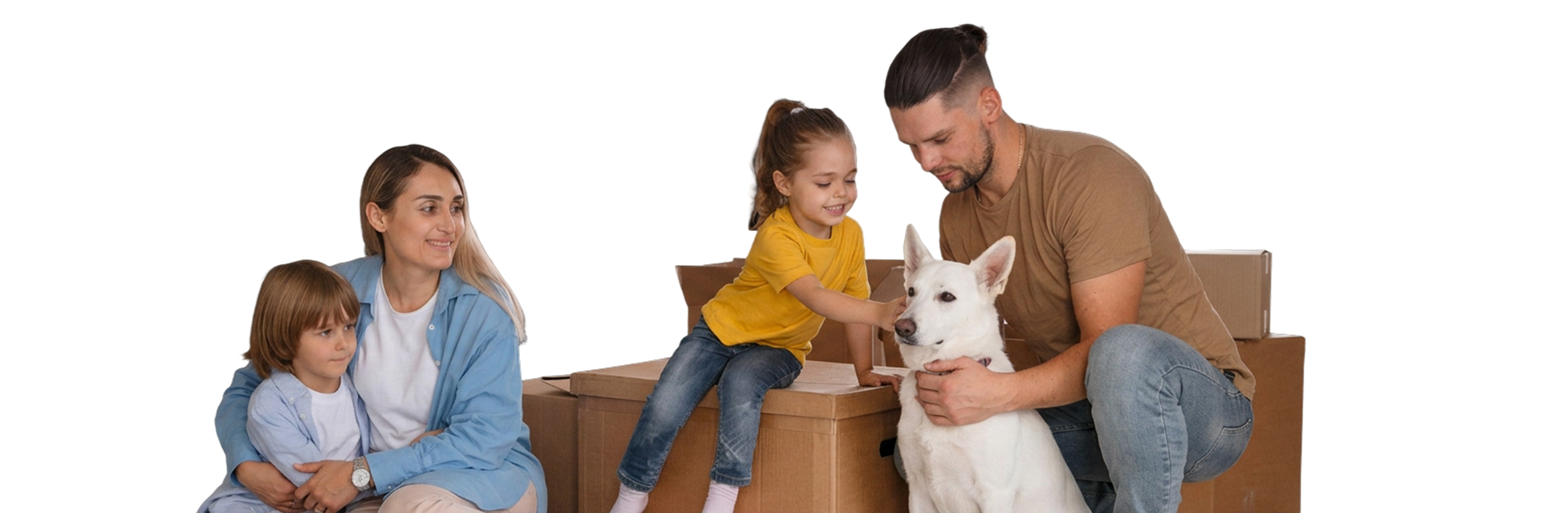 Family of three carrying cardboard boxes while entering a home through a green door.